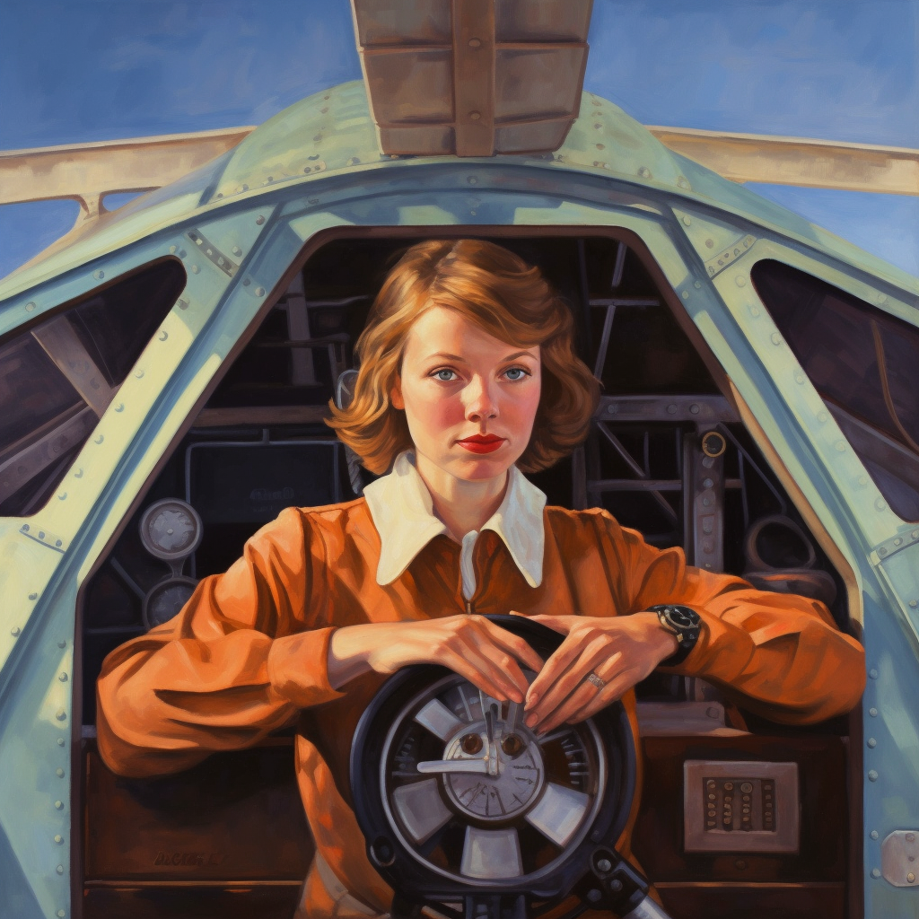 Amelia Earhart in her airplane as a young woman, by Midjourney