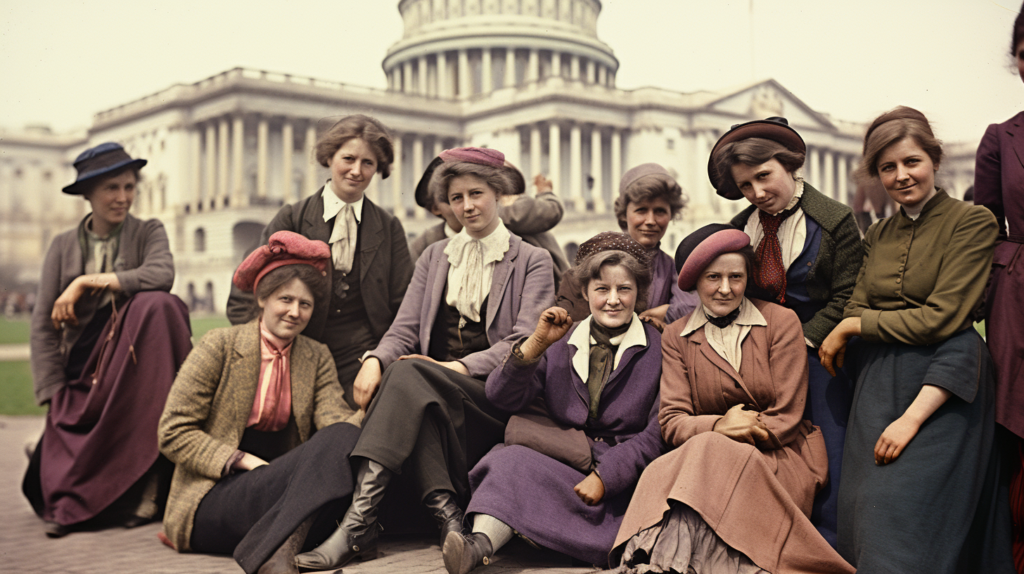 A group of suffragettes looking badass outside the White House, protesting -- by Midjourney